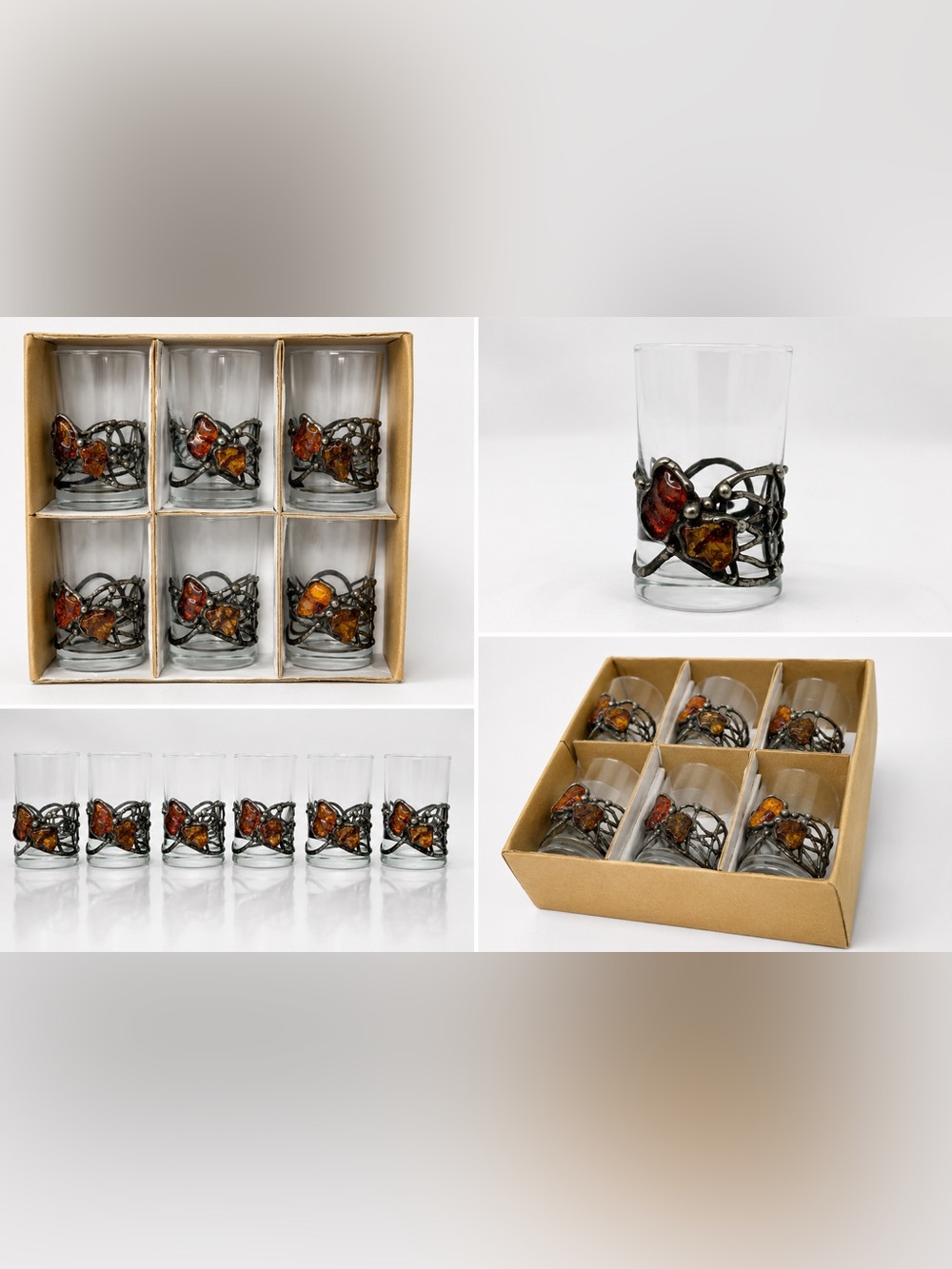 Title

Set of 6 Baltic Amber Shot Glasses Vintage Style Pewter Holder